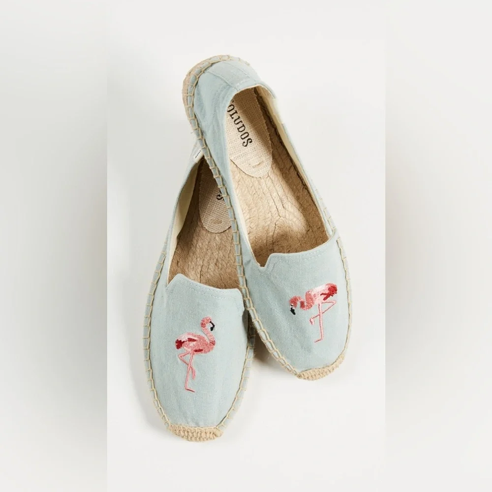 Anthropologie Soludos Espadrilles Canvas Loafers Blue Flamingo Slipper Size 7